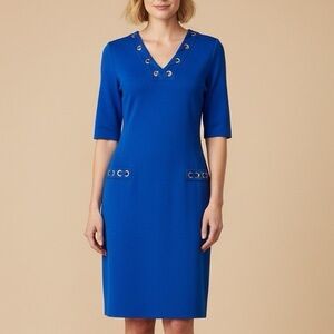 MING WANG Royal Blue Laced Gold Grommet Trim V Neck Soft Knit Dress